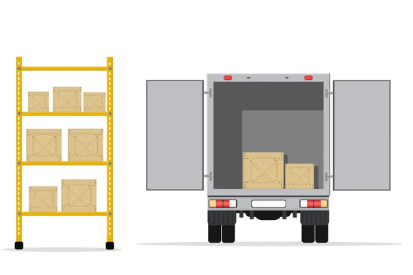 开着的大卡车 装有从仓库运送邮件和货物的箱子 — 图库矢量图片