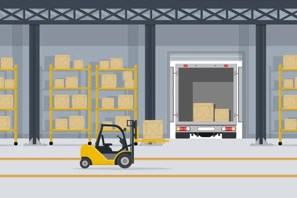 Large Warehouse Shelves Boxes Goods Parcels Yellow Forklift Truck — Stock Vector