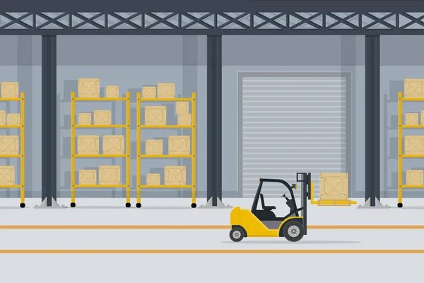Büyük Bir Depo Rafları Kutuları Ile Mal Paketler Için Forklift — Stok Vektör