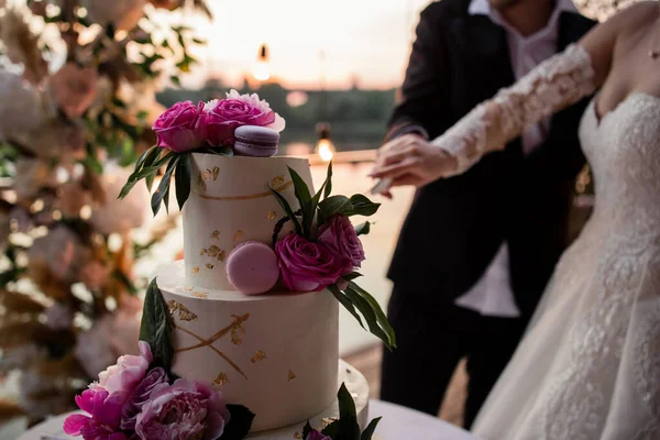 Sposa Sposo Matrimonio Tagliare Torta Nuziale — Foto Stock