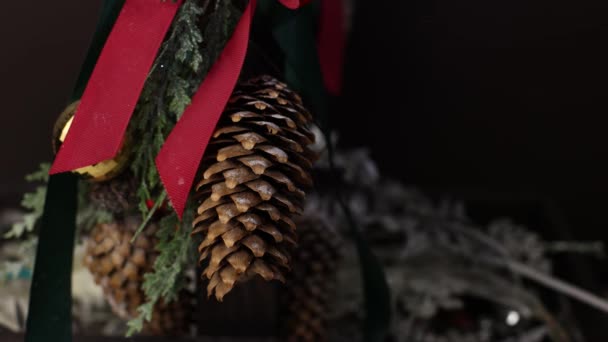 Christmas Decor Ribbon Pine Cone Christmas Background Christmas Gifts — Stock Video