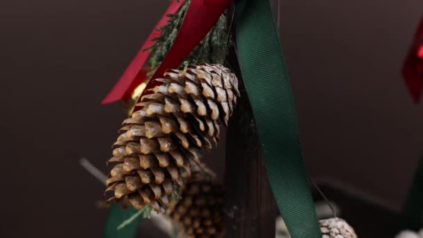 Christmas Decor Ribbon Pine Cone Christmas Background Christmas Gifts — Stockvideo