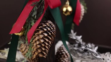 christmas decor with ribbon and pine cone christmas background christmas gifts
