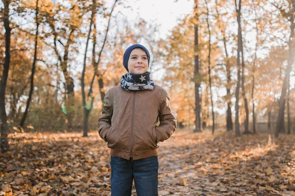 Chłopiec Kurtce Jesienią Pomarańczowych Liściach Parku — Zdjęcie stockowe