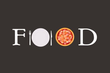 Fast food mutfağı restoranı için çatal, kaşık ve pizza geçmişi olan bir yemek logosu.