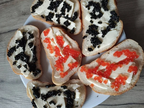 Sandwiches Red Black Caviar Plate — Φωτογραφία Αρχείου