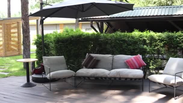 Sofa Armchair Umbrella Terrace Private House Yard — Stock video