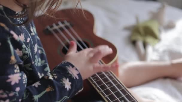 Νήπιο κορίτσι παίζει σε ukulele κιθάρα να βελούδινα φίλο παιχνίδι της — Αρχείο Βίντεο