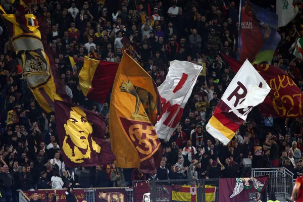 Rome Italy 2021 Roma Supporters Flags Action Italian Serie Football — Stock Photo, Image