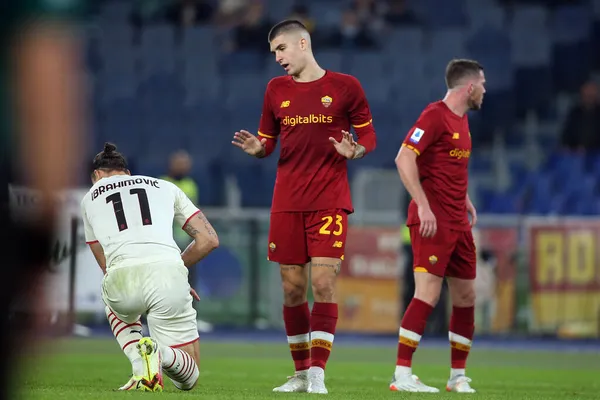 Řím Itálie 2021 Gianluca Mancini Roma Portest Ibrahimovic Mil Italian — Stock fotografie