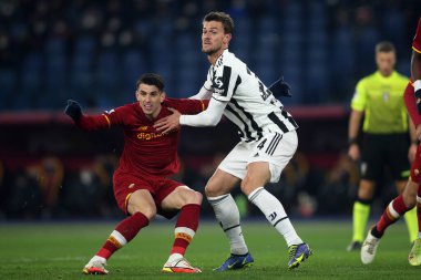ROME, Italy - 09.01.2022:  IBANEZ (AS ROMA), D. RUGANI (JU) in action during the Italian Serie A football match between SS AS ROMA VS SS FC JUVENTUS at Olympic stadium in Rome