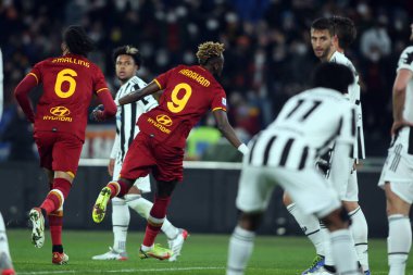 ROME, Italy - 09.01.2022: TAMMY ABRAHAM (AS ROMA) SCORE THE GOAL AND CELEBRATES  during the Italian Serie A football match between SS AS ROMA VS SS FC JUVENTUS at Olympic stadium in Rome
