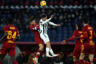 ROME, Italy - 09.01.2022:  BRYAN CRISTANTE (AS ROMA) P. DYBALA (JU) in action during the Italian Serie A football match between SS AS ROMA VS SS FC JUVENTUS at Olympic stadium in Rome