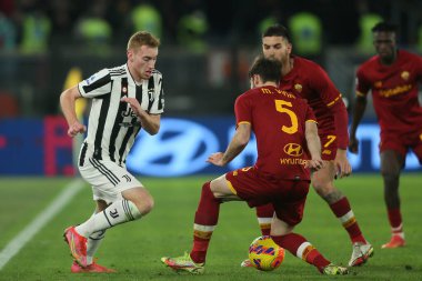 ROME, Italy - 09.01.2022: D. KULUSEVSKI (JU), MATIAS VINA (AS ROMA)  in action during the Italian Serie A football match between SS AS ROMA VS SS FC JUVENTUS at Olympic stadium in Rome