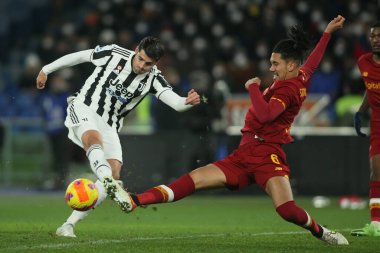 ROME, Italy - 09.01.2022: A. MORATA (JU), CRIS SMALLING (AS ROMA) in action during the Italian Serie A football match between SS AS ROMA VS SS FC JUVENTUS at Olympic stadium in Rome