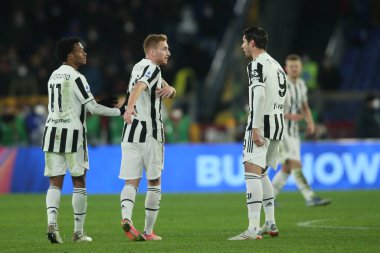 ROME, Italy - 09.01.2022:  D. KULUSEVSKI (JU), A. MORATA (JU) CELEBRATES SCORE during the Italian Serie A football match between SS AS ROMA VS SS FC JUVENTUS at Olympic stadium in Rome
