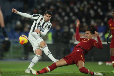 ROME, Italy - 09.01.2022: A. MORATA (JU), CRIS SMALLING (AS ROMA) in action during the Italian Serie A football match between SS AS ROMA VS SS FC JUVENTUS at Olympic stadium in Rome