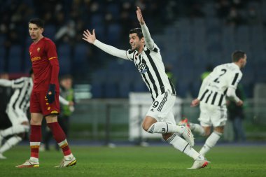 ROME, Italy - 09.01.2022: A. MORATA (JU) CELEBRATES M. DE SCIGLIO (JU) SCORE during the Italian Serie A football match between SS AS ROMA VS SS FC JUVENTUS at Olympic stadium in Rome