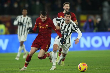 ROME, Italy - 09.01.2022: IBANEZ (AS ROMA), A. MORATA (JU) in action during the Italian Serie A football match between SS AS ROMA VS SS FC JUVENTUS at Olympic stadium in Rome