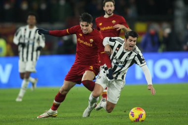 ROME, Italy - 09.01.2022: IBANEZ (AS ROMA), A. MORATA (JU) in action during the Italian Serie A football match between SS AS ROMA VS SS FC JUVENTUS at Olympic stadium in Rome