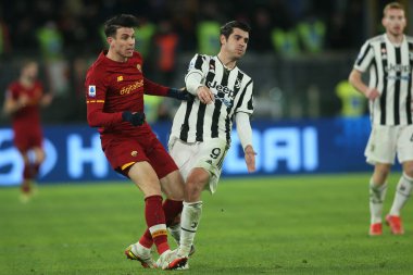 ROME, Italy - 09.01.2022: IBANEZ (AS ROMA), A. MORATA (JU) in action during the Italian Serie A football match between SS AS ROMA VS SS FC JUVENTUS at Olympic stadium in Rome