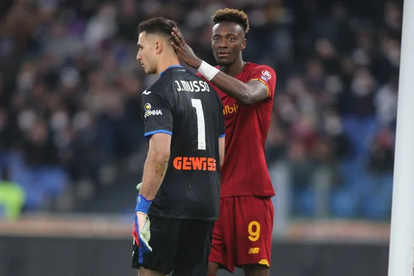 Salvatore Sirigu of Genoa CFC and Tammy Abraham of A.S. Roma during the  24th day of the Serie A Championship between A.S. Roma vs Genoa CFC on 5th  February 2022 at the