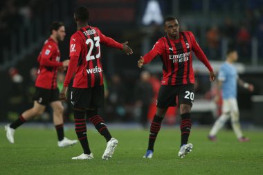 ROME, Italy - 24.04.2022:  TOMORI (MIL), KALULU (MIL) in action during the Italian Serie A football match between SS LAZIO VS AC MILAN at Olympic stadium in Rome