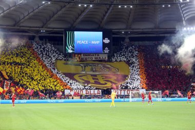 ROME, ITALY - 14.04.2022: Coreography curva sud before the UEFA Conference League Quarter Final Leg One match between and FK Bodo/Glimt at Olympic Stadium in Rome on April 14. clipart