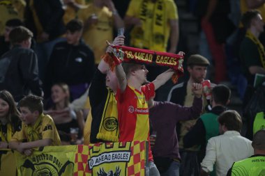 ROME, ITALY - 14.04.2022: Bodo Glimt taraftarları UEFA Konferans Ligi çeyrek final maçı ile FK Bodo / Glimt arasında 14 Nisan 'da Roma Olimpiyat Stadyumu' nda oynanan karşılaşmada destek verdiler..