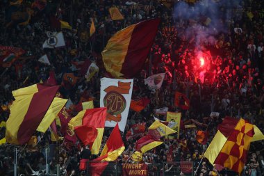ROME, ITALY - 14.04.2022: As Roma flags supporters on the stands in the UEFA Conference League Quarter Final Leg One match between and FK Bodo/Glimt at Olympic Stadium in Rome on April 14.