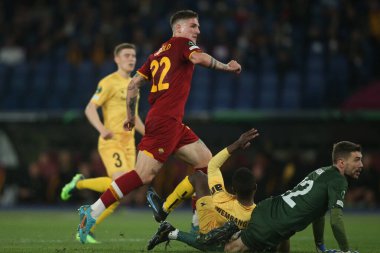 ROME, ITALY - 14.04.2022:  NICOLO ZANIOLO (AS ROMA) SCORE GOAL  2-0 AND CELEBRATES during the UEFA Conference League Quarter Final Leg One match between and FK Bodo/Glimt at Olympic Stadium in Rome on April 14.