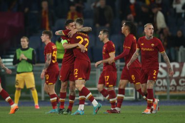 ROME, ITALY - 14.04.2022:  NICOLO ZANIOLO (AS ROMA) SCORE GOAL  2-0 AND CELEBRATES during the UEFA Conference League Quarter Final Leg One match between and FK Bodo/Glimt at Olympic Stadium in Rome on April 14.