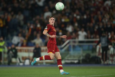 ROME, ITALY - 14.04.2022:  NICOLO ZANIOLO (AS ROMA) SCORE GOAL  3 -0 AND CELEBRATES during the UEFA Conference League Quarter Final Leg One match between and FK Bodo/Glimt at Olympic Stadium in Rome on April 14. clipart