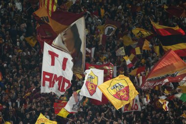 ROME, ITALY - 14.04.2022:  Flags  As Roma during the UEFA Conference League Quarter Final Leg One match between and FK Bodo/Glimt at Olympic Stadium in Rome on April 14.