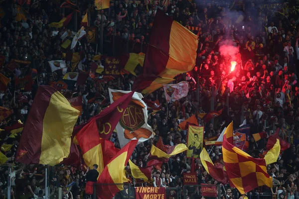 Rome Italy 2022 Roma Flags Advers Stand Uefa Conference League — стокове фото