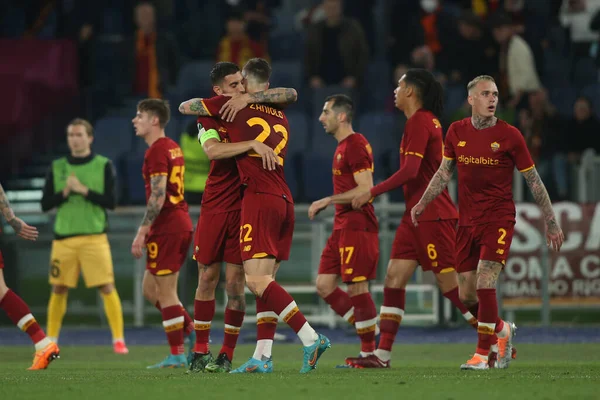 Roma Italia 2022 Nicolo Zaniolo Roma Score Goal Celebrati Durante — Foto Stock