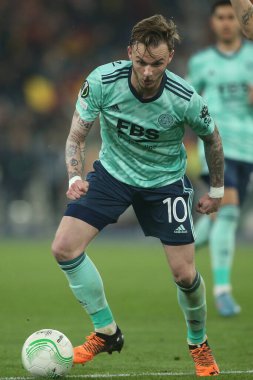 ROME, ITALY - 05.05.2022:  James Maddison (Leicester) in action during UEFA Europa Conference League semi-final match Roma v Leicester City at the Olympic Stadium in Rome.