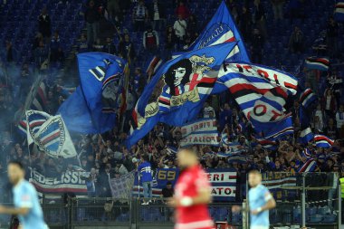 ROME, Italy - 07.05.2022: Flags Sampdoria fans  during the Italian Serie A football match between SS LAZIO VS SAMPDORIA GENOA  at Olympic stadium in Rome.