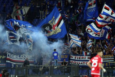 ROME, Italy - 07.05.2022: Flags Sampdoria fans  during the Italian Serie A football match between SS LAZIO VS SAMPDORIA GENOA  at Olympic stadium in Rome.