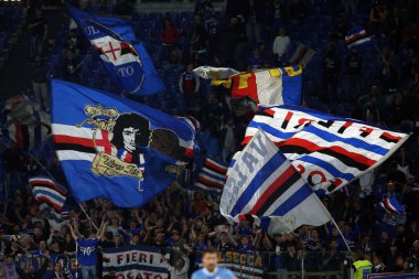 ROME, Italy - 07.05.2022: Flags Sampdoria supporters during the Italian Serie A football match between SS LAZIO VS SAMPDORIA GENOA  at Olympic stadium in Rome.