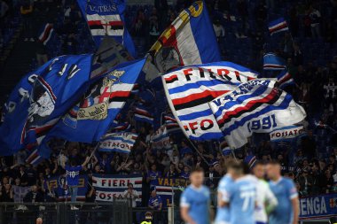 ROME, Italy - 07.05.2022: Flags Sampdoria supporters during the Italian Serie A football match between SS LAZIO VS SAMPDORIA GENOA  at Olympic stadium in Rome.