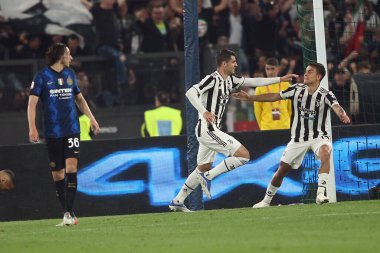 ROME, İtalya - 11.05.2022: FC JUVENTUS TURIN 'e karşı FC INTERNAZIONALE MILAN' ın Roma 'daki Olimpiyat Stadyumu' nda oynanan İtalya Kupası Finali 2022 Kupası 'nda eylem halindedir.