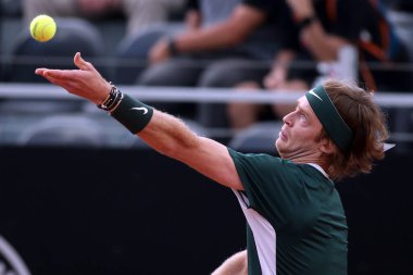 ROME, ITALY - 10.05.2022: ANDREY RUBLEV (RUSSIAN) play game against F.KRAJINOVIC (SERBIA) during their single men round match in the Internazionali BNL D'Italia at Foro Italico in Rome, Italy on May 10, 2022.