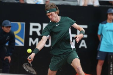 ROME, ITALY - 10.05.2022: ANDREY RUBLEV (RUSSIAN) play game against F.KRAJINOVIC (SERBIA) during their single men round match in the Internazionali BNL D'Italia at Foro Italico in Rome, Italy on May 10, 2022.
