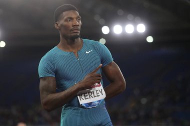 ROME, İtalya - 09.06.2022: KERLEY Fred IAAF Wanda Diamond League 'de 100 M MEN yarışacak ve kazanacak - Roma' daki Stadio Olimpico 'da Golden Gala toplantısı 2022. 