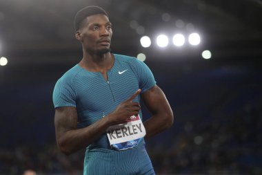 ROME, Italy - 09.06.2022: KERLEY Fred compete  and win 100 M MEN in the IAAF Wanda Diamond League  - Golden Gala meeting 2022 in Stadio Olimpico in Rome.  clipart