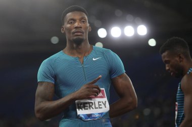 ROME, İtalya - 09.06.2022: KERLEY Fred IAAF Wanda Diamond League 'de 100 M MEN yarışacak ve kazanacak - Roma' daki Stadio Olimpico 'da Golden Gala toplantısı 2022. 