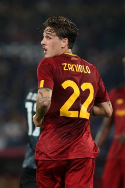 Roma, İtalya 23.10.2022: Nicolo Zaniolo (AS ROMA) İtalya Futbol Şampiyonası Serie A 2022-2023, İtalya 'nın başkenti Roma' da bulunan Olimpiyat Stadyumu 'nda AS Romanlar ve Napoli Calcio arasında oynanan karşılaşma..