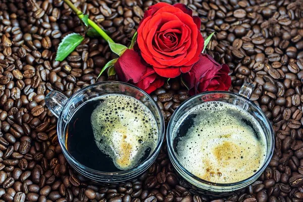 Beans, Coffee and Red Rose in Morning Freshness