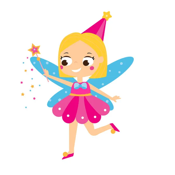 Cute Fairy Flapping Magic Wand Cartoon Flying Fairy Pixie Elf — Stock Vector